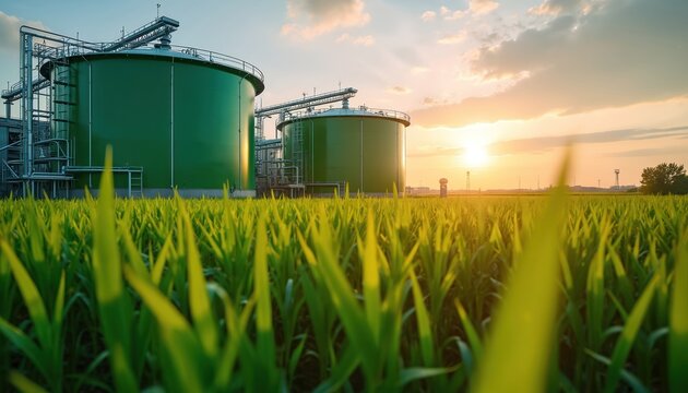 Biogas plant with large green tanks in corn field at sunset. Modern bio-fuel facility produces renewable energy from agricultural waste. Sustainable power station using biomass represents green tech
