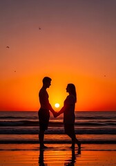 Fototapeta premium Romantic Sunset Beach Scene with Silhouetted Couple Holding Hands