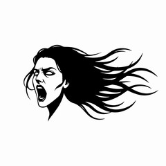 Dramatic Monochrome Screaming Woman with Windblown Hair Head Silhouette Illustration