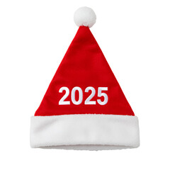 Santa Claus hat with Merry Christmas 2025 text embroidered on it PNG. Red santa hat top view flat lay for Christmas and holiday concepts isolated