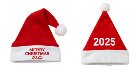 Santa Claus hat set with Merry Christmas 2025 text embroidered on it PNG. Red santa hat top view flat lay for Christmas and holiday concepts isolated