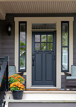 Porch and entrance of a nice residential house with two flower pots