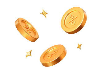 3d flying golden coins with percent sign with stars. Stock vector illustration on isolated background.  © Игорь Жуков