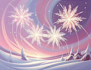 Whimsical Snowflake Bursts in a Pastel Sky