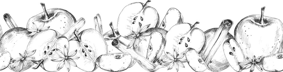 Seamless border of ink drawn apples, slices, cinnamon sticks and star anise. Food sketch. Hand-drawn black and white illustration for food-themed design, textile, packaging, postcards, invitation