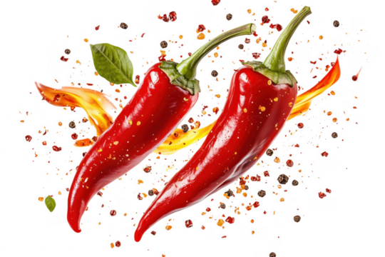 Fiery red chilies with spice explosion isolated on a transparent background