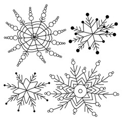Hand-drawn black snowflakes on a white background. Winter decorations for Christmas and New Year. Festive frosty elements in a minimalist style. Snowflake icons.
