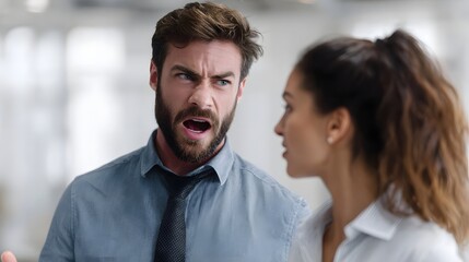 Fototapeta premium An angry man shouts at a woman in an office depicting workplace conflict and intense emotions