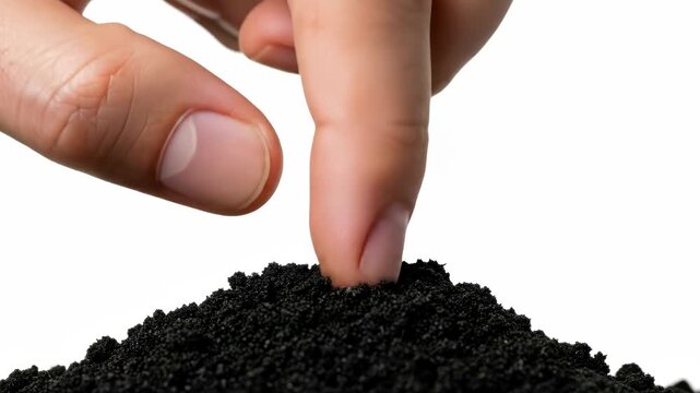 Hand of a man dropping a seed into dark soil, representing cultivation and the parable of the sower footage.