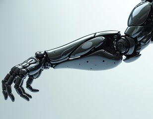 Robot arm is shiny black with jointed fingers. Futuristic bionic limb has complex segmented structure. Advanced cybernetic appendage displays polished smooth surface.