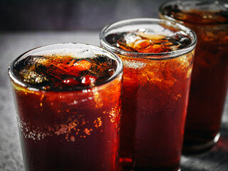 Cola soft drink with ice cubes, soda fizzy drink in Cold three glass on gray background, close-up