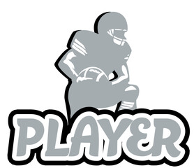“Player” written in bold rounded letters with a football player leaning against the text.Two-tone vector design with  silver and black , perfect for sports and football-themed