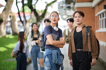 Group of diverse students laughing and socializing in front of a school building.