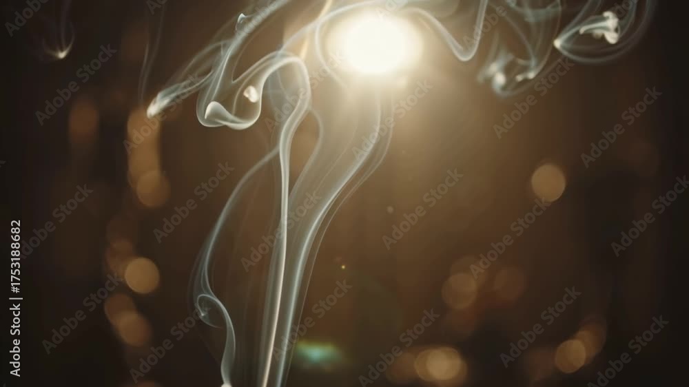 Wall mural abstract image of smoke rising in front of a blurred background with a bright light source.