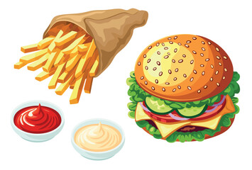 French fries in a paper cone, hamburger and sauces. Vector illustration