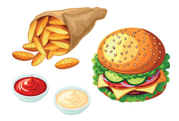 Fried potatoes in a paper cone, hamburger and sauces. Vector illustration