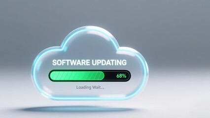 Cloud frame with glowing green progress bar showing software update and system optimization in progress