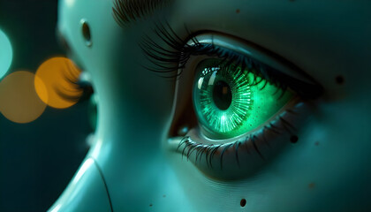 Hyper Realistic Robotic Eye Close Up with Green Iris