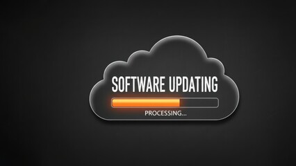 Cloud shape on dark background with glowing progress bar showing text software update, system optimization loading