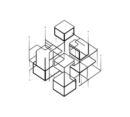 Abstract geometric composition of interconnected cubes in isometric perspective sketch