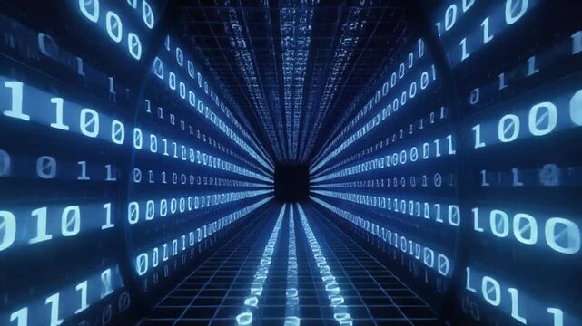 Digital Data Tunnel: Abstract representation of digital data streaming through a futuristic tunnel, symbolizing the vastness of information.  An intriguing image of technology, data stream.