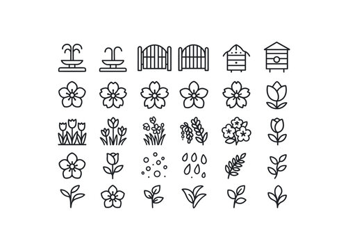 of vector outline icons. outline stroke user interface icons style on clean white background Spring (blossoms) fountain on fountain off gate open gate closed hive active hive inactive