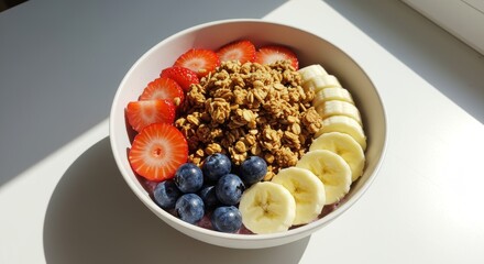 Healthy breakfast bowl with granola and fresh fruit on a white surface overhead view