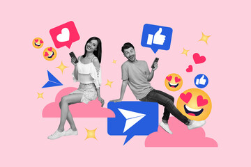 Exclusive zine art pop trend collage of two happy girl guy hold phone like notification emoji valentine day blogging reaction