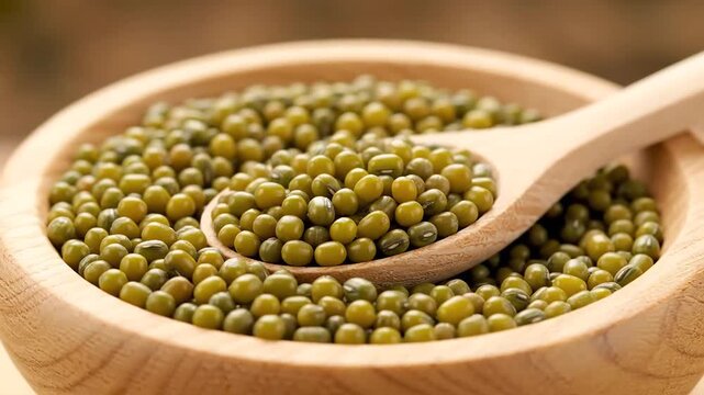 Close Up of Raw Green Mung Beans in a Wooden Bowl with a Spoon.