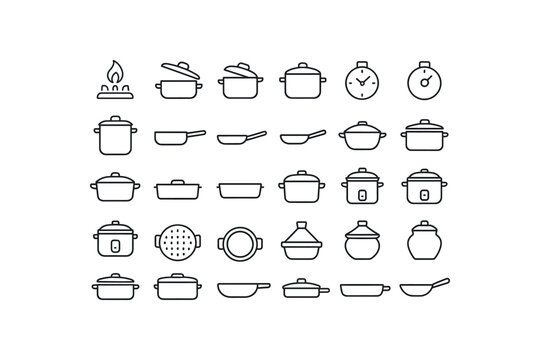 of vector outline icons. outline stroke user interface icons style on clean white background Kitchen Tools (cookware) burner on burner off lid open lid closed timer active timer inactive