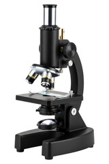 Black compound microscope for scientific laboratory research isolated on a transparent background