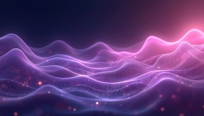 Obraz premium Abstract background with glowing purple waves, shining particles. Futuristic digital art visualizes data streams soundwaves energy flow. Modern wallpaper for science technology presentation website.