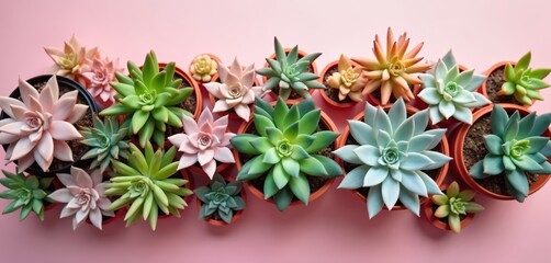 Variety of vibrant succulent plants in brown pots form beautiful decorative arrangement on bright pink surface. Flat lay top view diverse green, pink, orange house plants, ideal for indoor home