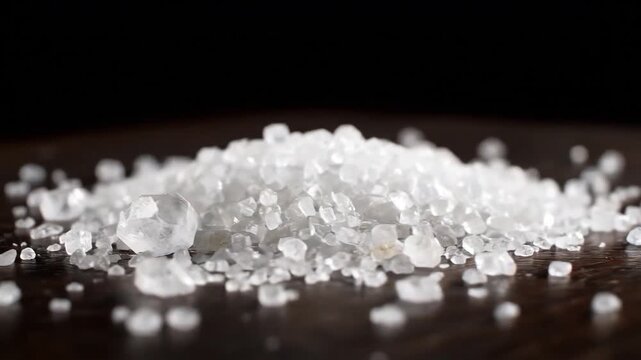 Close up of sparkling white salt crystals on a dark surface.