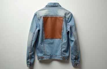 Rear view blue denim jacket with brown leather patch hanging. Modern garment stylish design element, trendy apparel clothing for ecommerce fashion shop. Urban hipster style clothes with accessories.