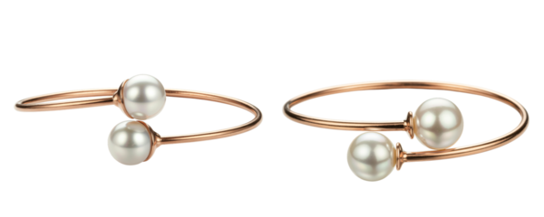 Elegant rose gold bangle bracelets featuring luminous white pearls on a black backdrop on transparent background