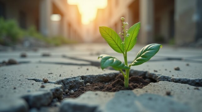 Planta en crecimiento que emerge de un piso de concreto agrietado, representando resiliencia, determinaci&oacute;n y logros frente a la adversidad