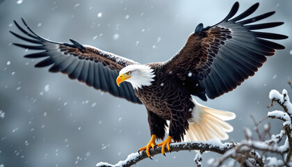 Naklejka premium Bald eagle spreads wings on snow covered tree branch. Bird of prey with sharp talons perches on frosty limb during snowfall. Majestic american symbol flies in winter landscape.