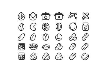 of vector outline icons. outline stroke user interface icons style on clean white background Food (nuts) open closed roaster on roaster off mix active mix inactive almond nut cashew nut