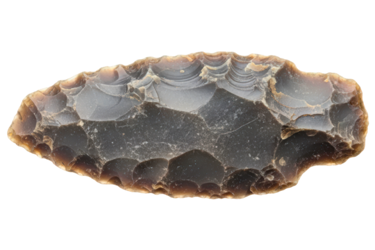 Prehistoric Stone Age flint tool artifact from ancient times isolated on a transparent background