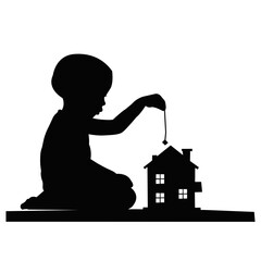 Silhouette of child playing with toy house. Little boy imagination and creativity concept. Childhood learning, family home and education illustration design