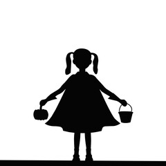 Silhouette of little girl holding pumpkin and bucket. Halloween child costume illustration, spooky holiday celebration and trick or treat night concept design