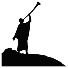 Silhouette of man blowing trumpet on mountain top biblical figure with horn, religious faith and spiritual symbolism. Messenger calling from hill illustration