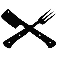 Silhouette of crossed butcher knife and meat fork. Cooking tools illustration, kitchen utensils symbol, food preparation and barbecue concept design