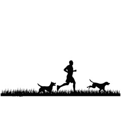 Silhouette of man running with dogs on grass field. Morning jog and pet exercise illustration. Outdoor fitness, active lifestyle, friendship and freedom concept art