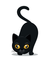 Black cat silhouette vector illustration for design, a cute domestic kitten animal on a white background with funny eyes and a tail