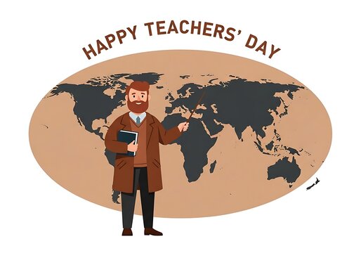World teachers day a cheerful teacher stands before a world map, celebrating happy teachers day, isolated on white background a warm tribute to educators worldwide