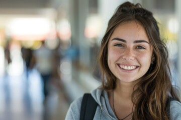 Smiling young woman in a school hallway