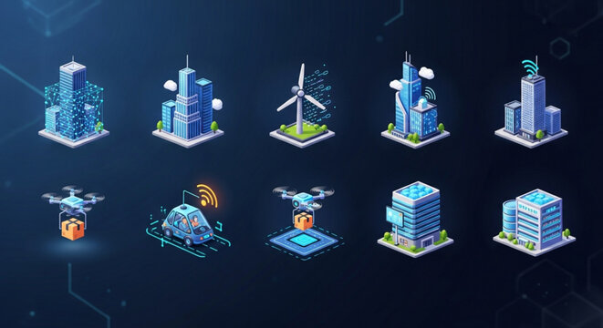Isometric smart city with advanced technology, renewable energy, and autonomous vehicles, showcasing innovation and sustainable urban development for a modern future