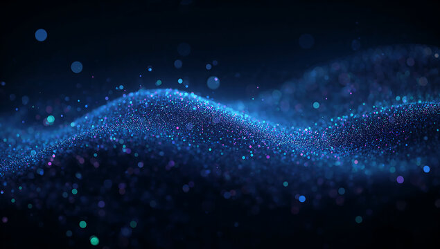 flowing wave of blue and purple particles with bokeh on dark background